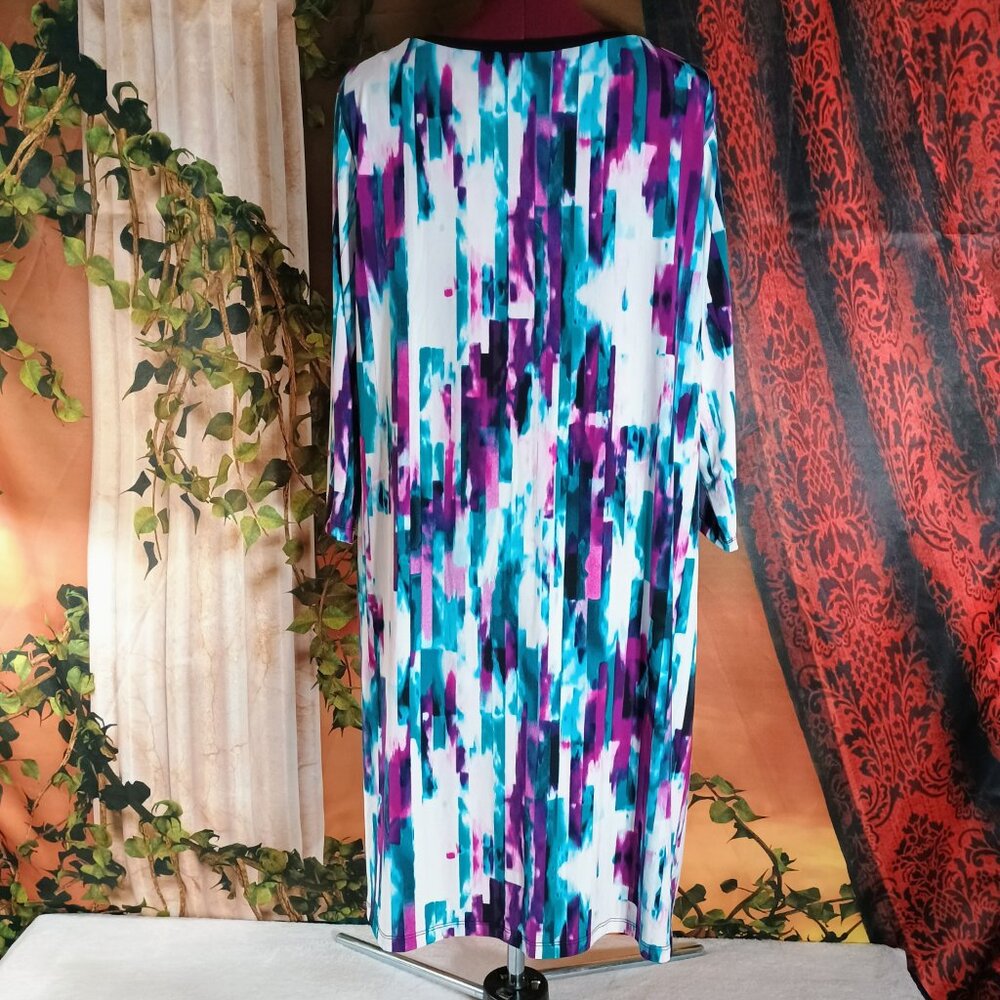 NWT Calvin Klein 2X Purple, Teal & White Abstract Print 3/4 Sleeve Sheath Dress - Picture 2 of 6